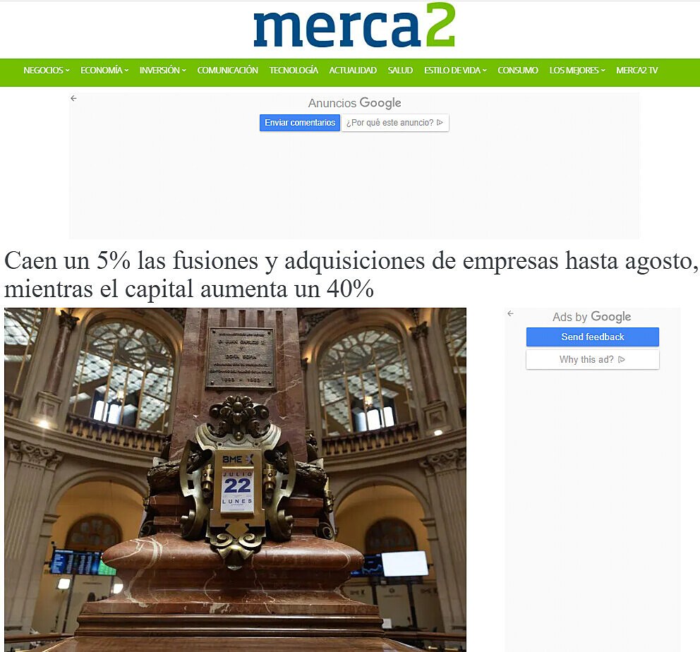 Caen un 5% las fusiones y adquisiciones de empresas hasta agosto, mientras el capital aumenta un 40%